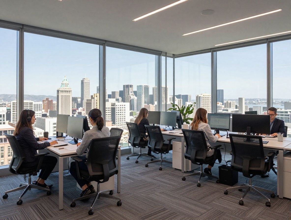 Современный офис в Сан-Франциско со стеклянными стенами и видом на город, команда работает над аналитическими материалами