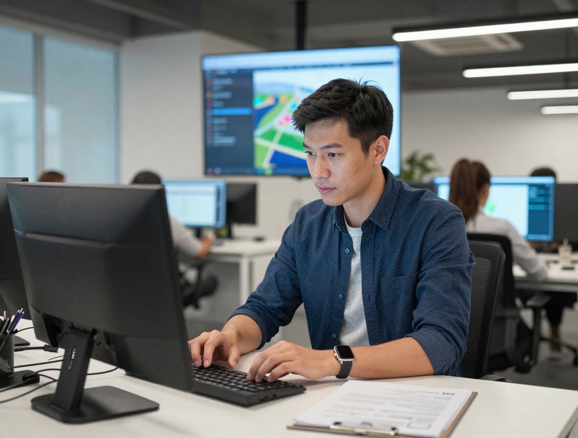 Профессионал изучает карту навыков на сенсорном экране в технологическом офисе