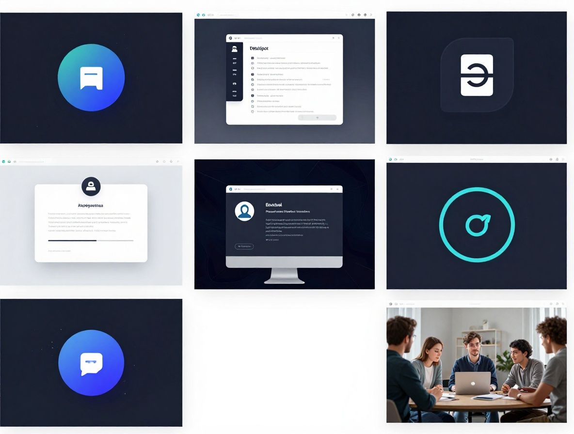 Коллаж из интерфейсов популярных AI-инструментов на нескольких экранах, яркие иконки приложений на тёмном фоне