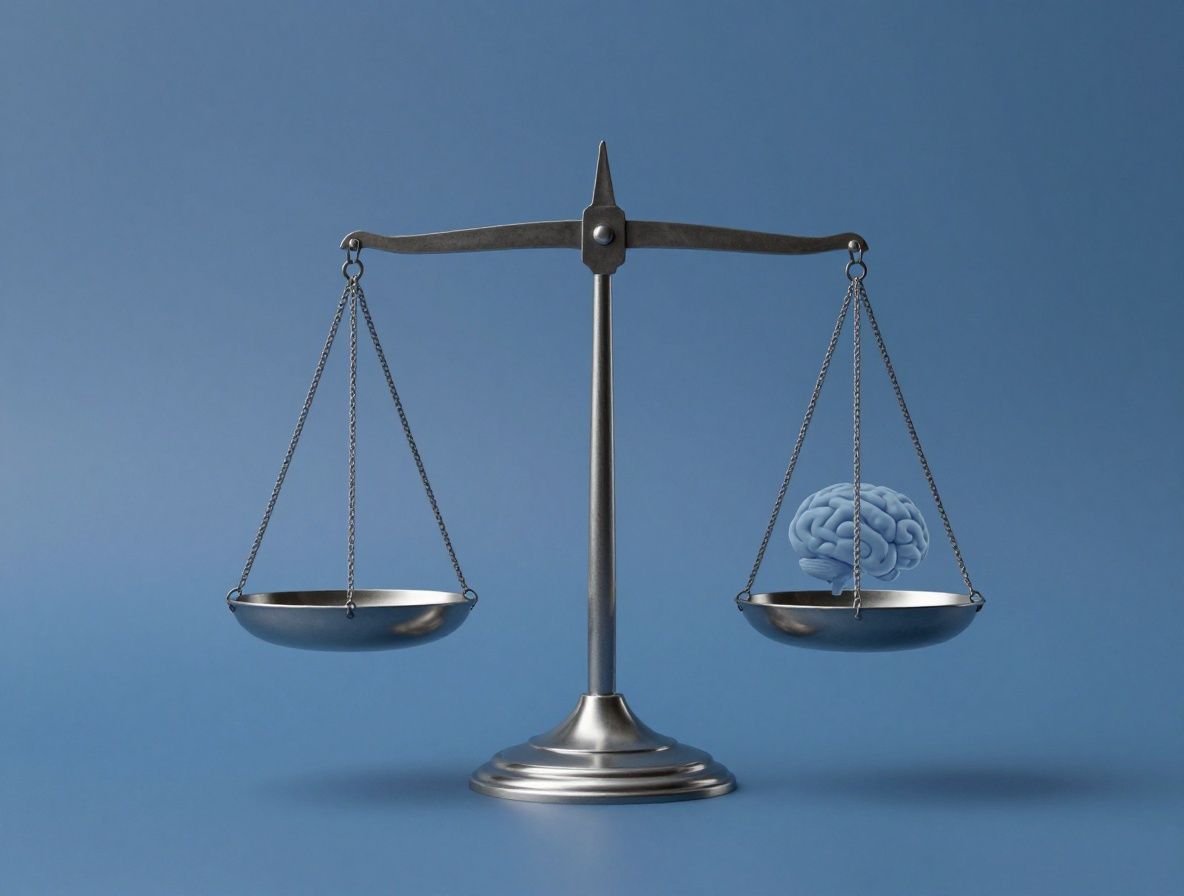 Символическое изображение весов правосудия рядом с электронным мозгом, концепция этики ИИ, тёмно-синий фон