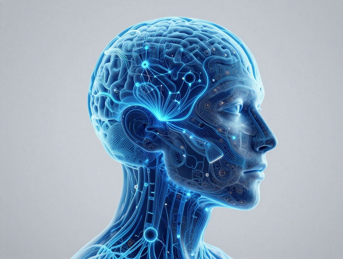 Цифровой мозг с нейронными связями на синем фоне, иллюстрация будущего искусственного интеллекта