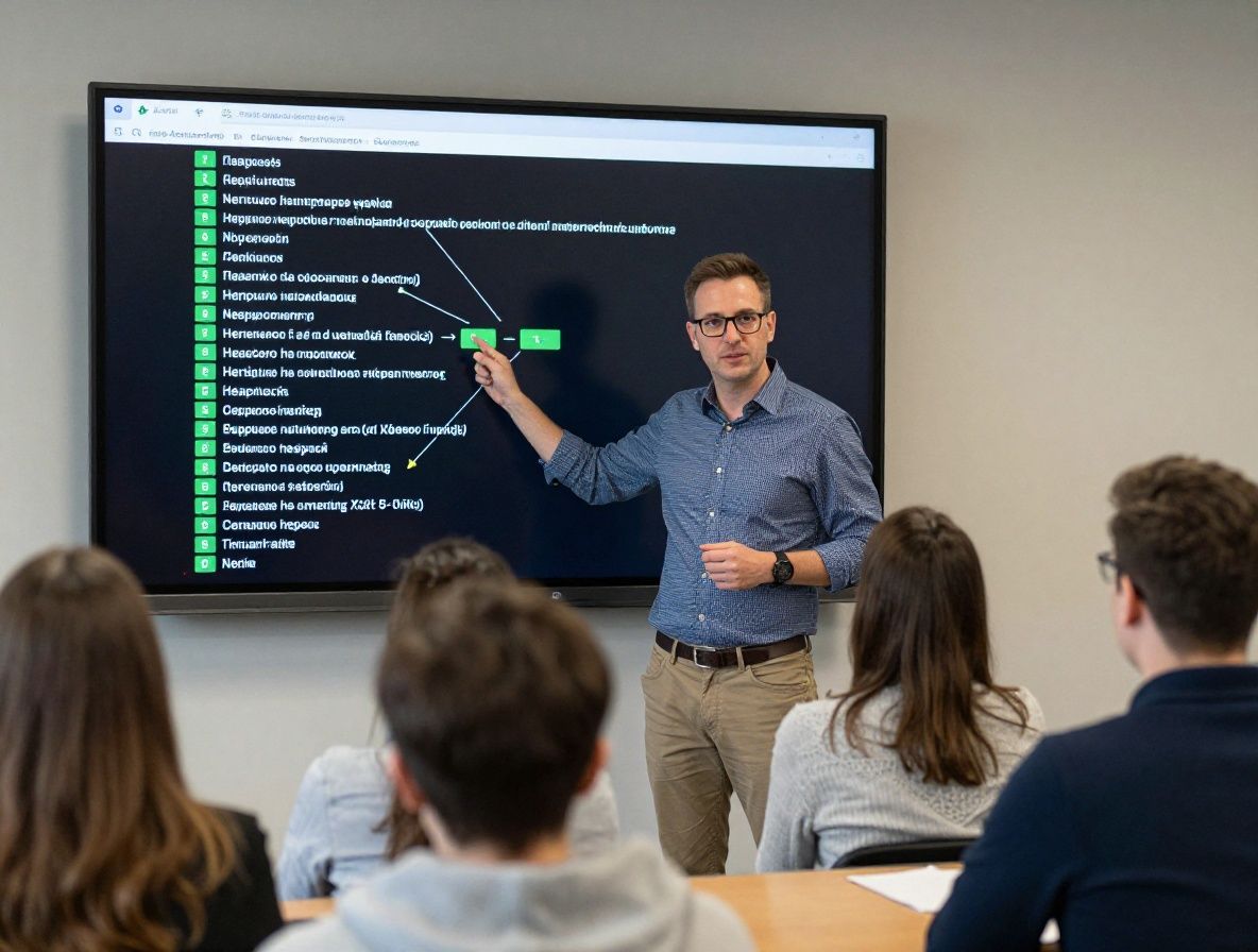 Преподаватель объясняет схему нейронной сети на интерактивной доске в современной аудитории