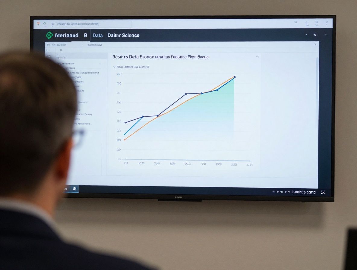 Визуализация данных на большом экране, специалист по Data Science работает с графиками и таблицами