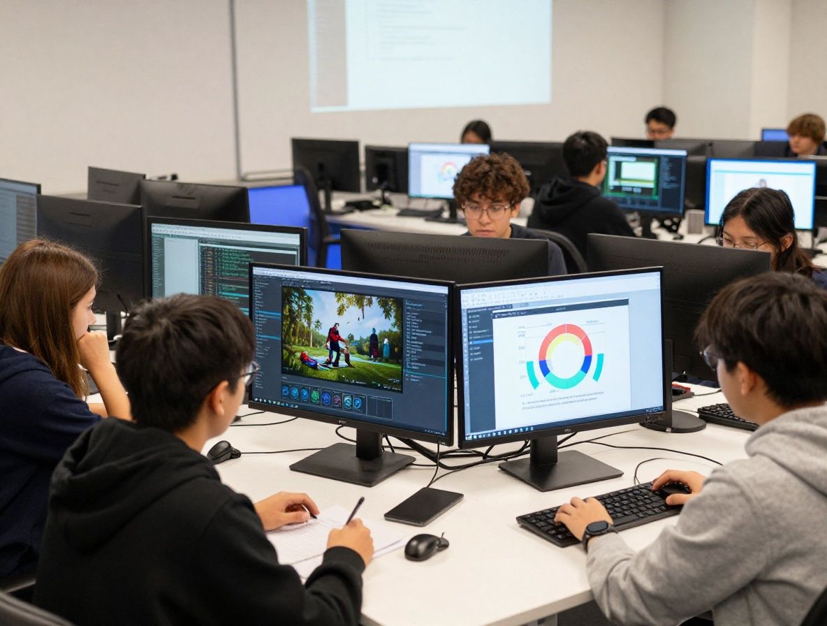 Современная аудитория с интерактивными экранами, студенты изучают искусственный интеллект на курсах программирования