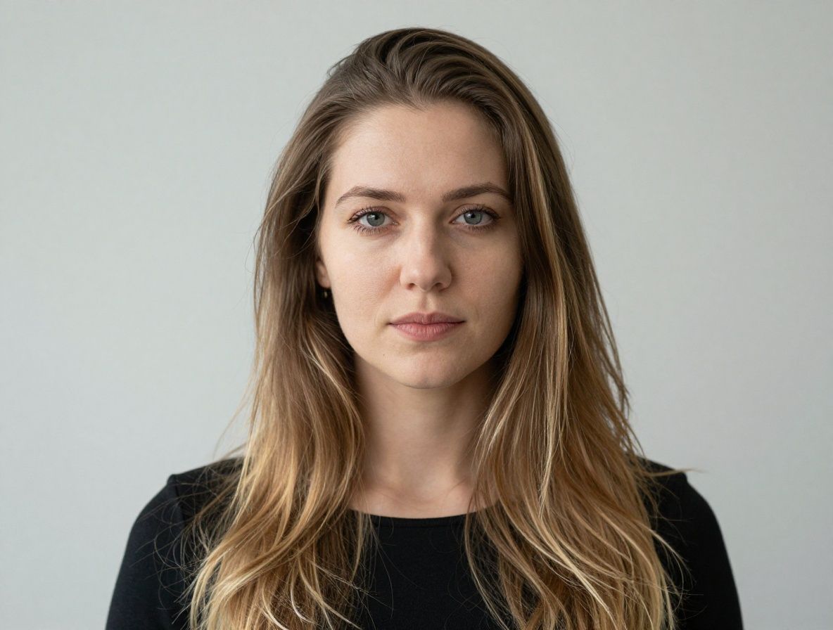 Молодая женщина-учёный с длинными волосами, аналитик данных, светлый профессиональный портрет